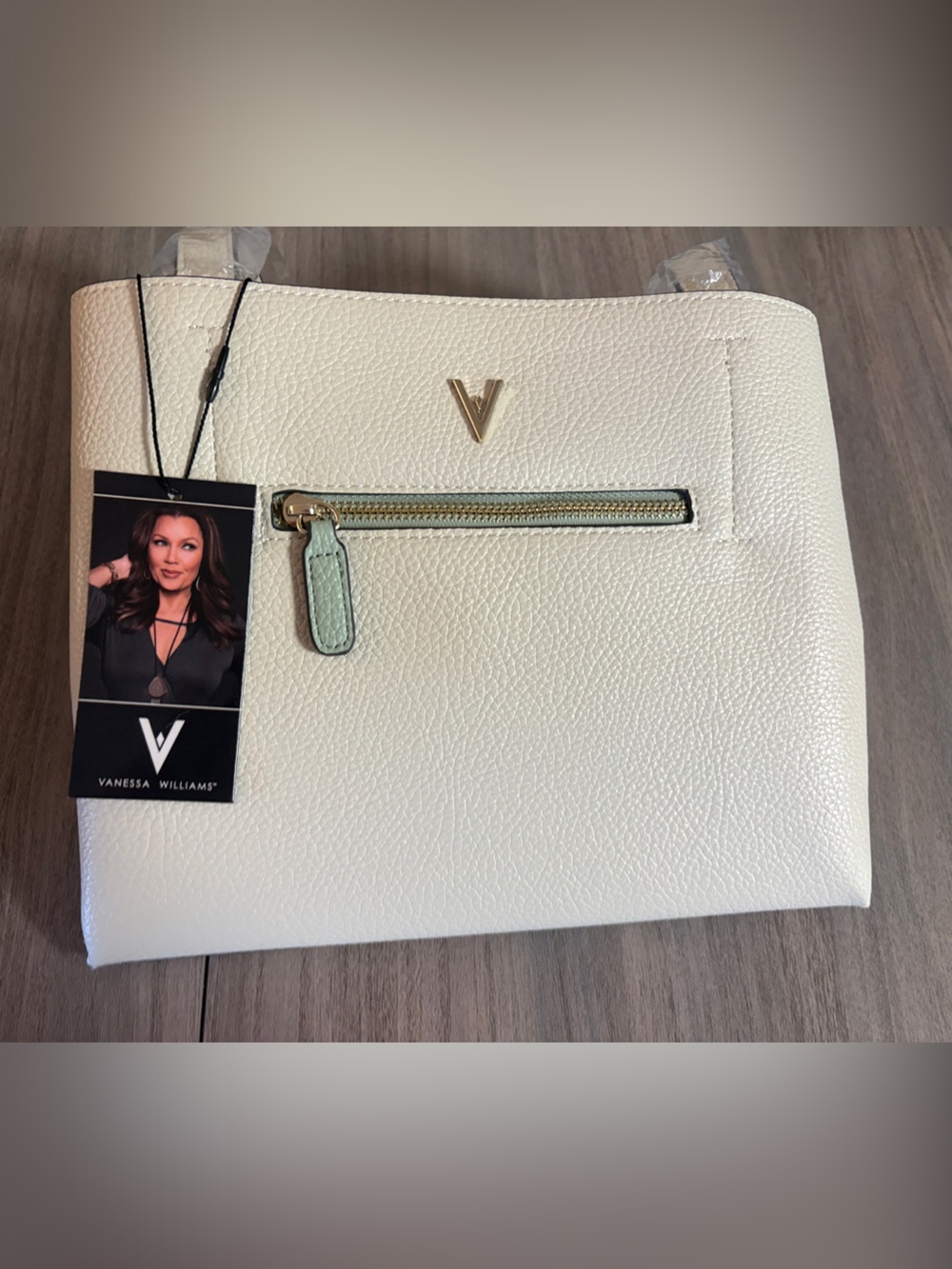Vanessa Williams Cream and Mint Tote Bag with Gold V Accent